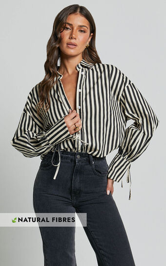Cazie Shirt - Tie Cuff Long Sleeve Shirt in Black & Cream Stripe