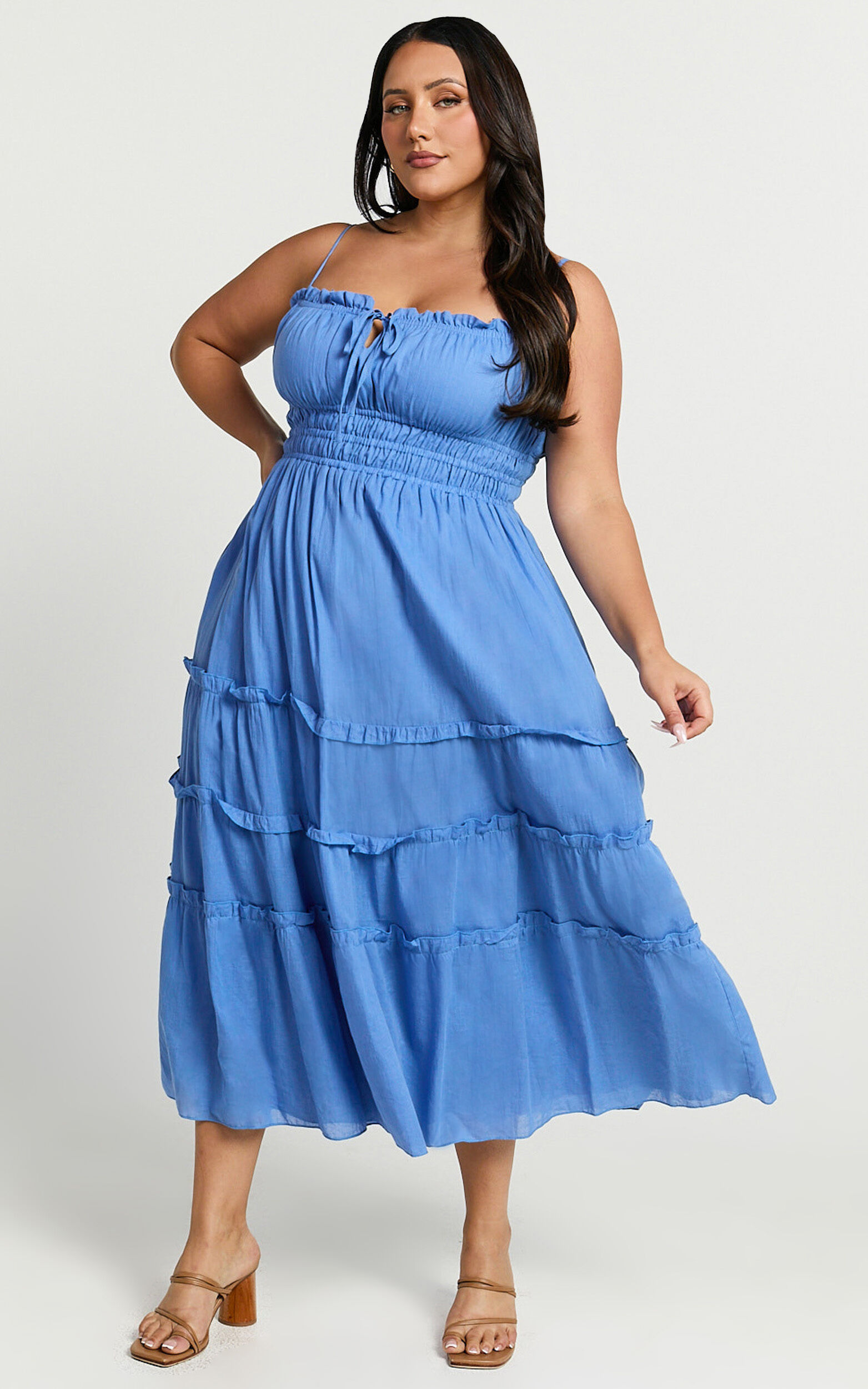 Schiffer Midi Dress Strappy Ruched Tie Front Tiered Dress in Blue Showpo