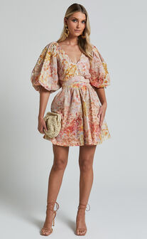 Amalie The Label - Movida Linen Blend Balloon Sleeve Crossover Band Mini Dress in Morocco Print