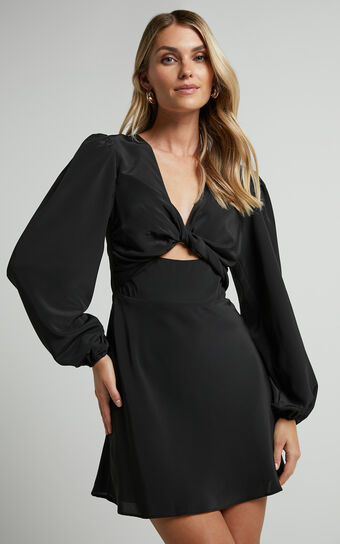 Pilar Twist front Long Sleeve Mini Dress in Black Showpo Australia