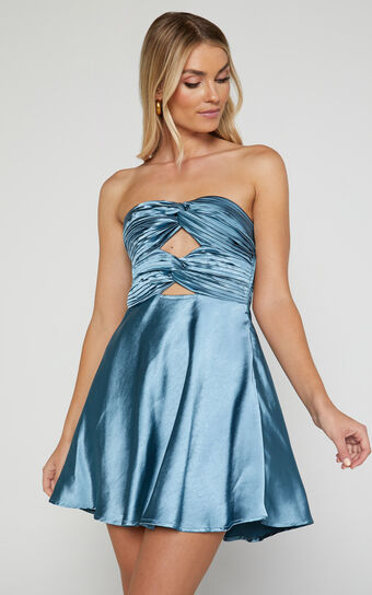 Almaeh Mini Dress - Twist Front Cut Out Strapless Slip Dress in Steel Blue