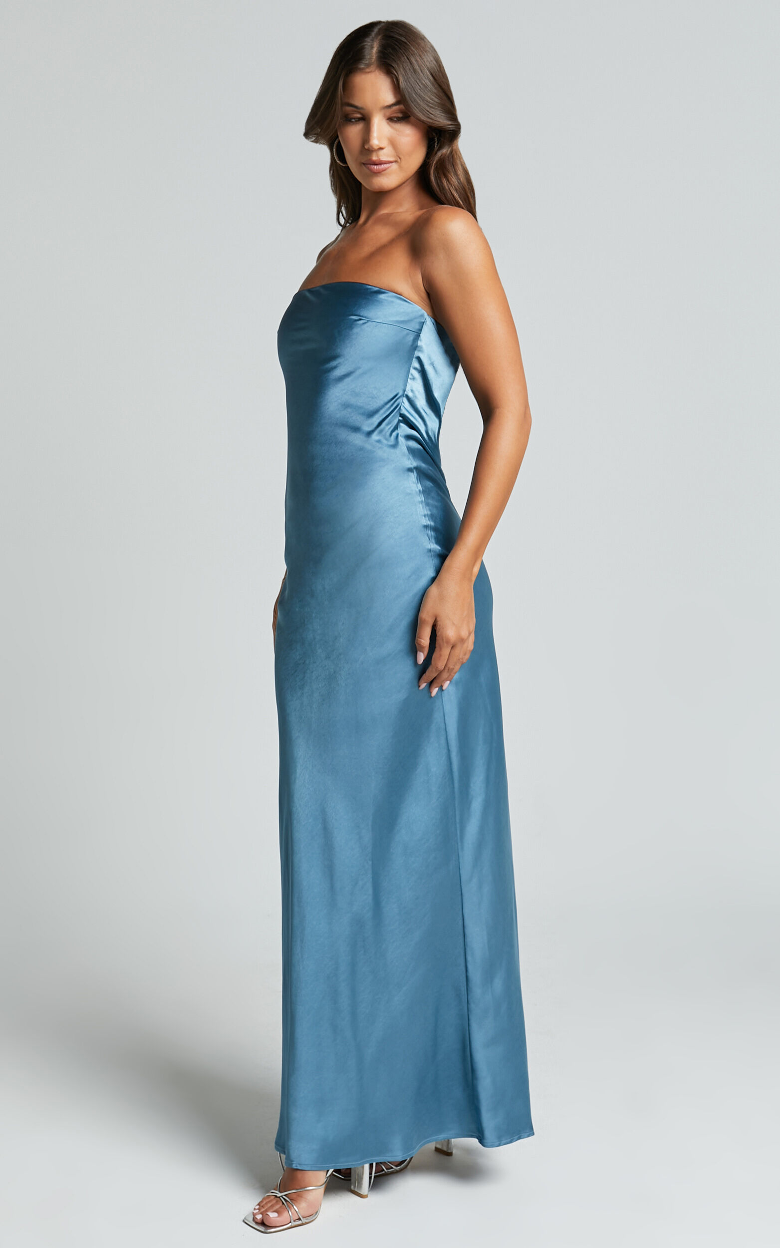 Blue silk long on sale dress