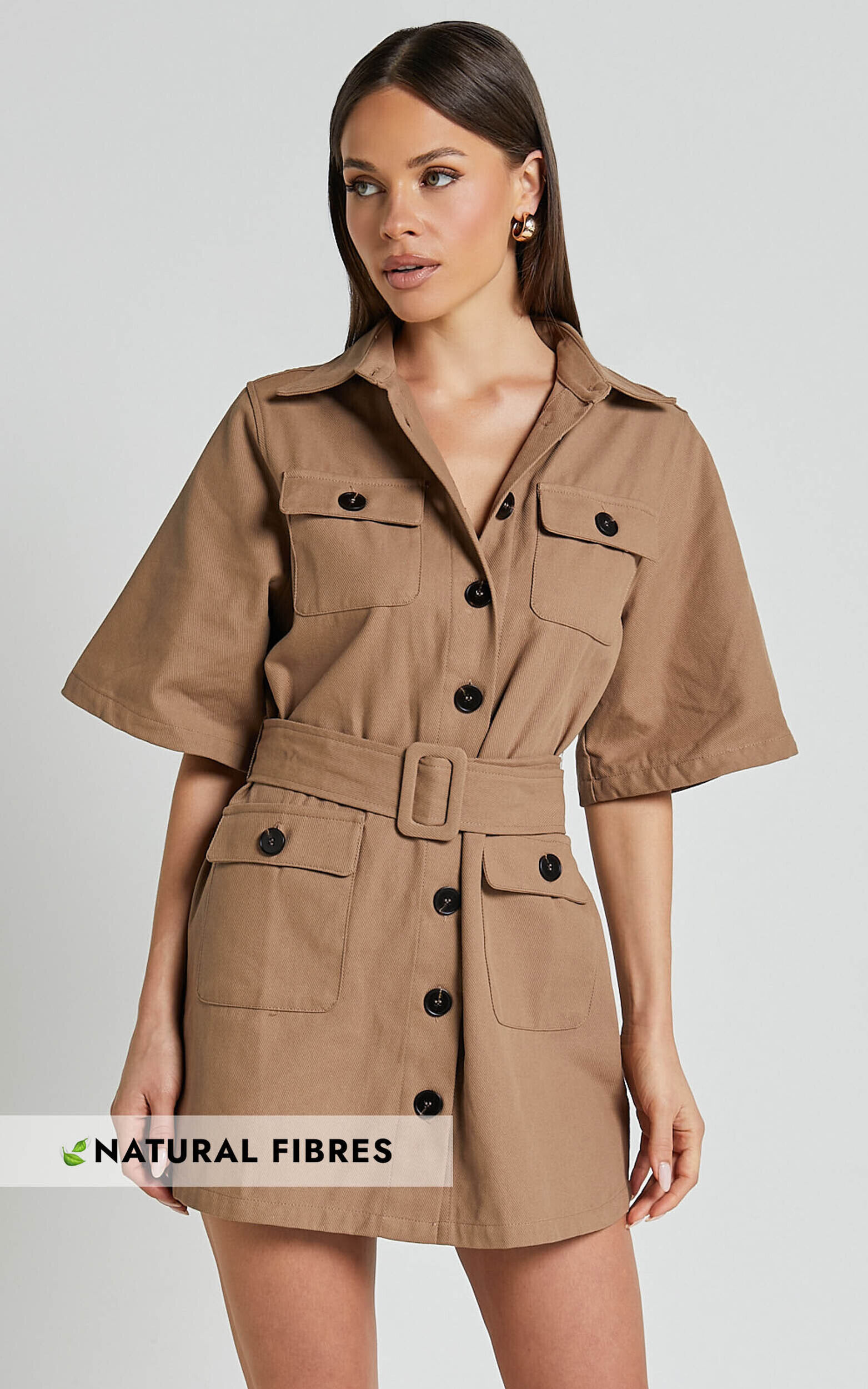 Elena Mini Dress - Wide Sleeve Utility Dress in Mocha - 06, BRN1