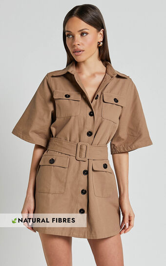 Elena Mini Dress - Wide Sleeve Utility Dress in Mocha