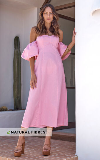 Amalie The Label - Beccah Linen Blend Off The Shoulder Midi Dress in Pink