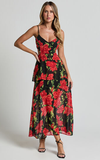 Ashlee Maxi Dress - Tiered Frill V Neck Open Back Rosette Maxi Dress in Black & Red