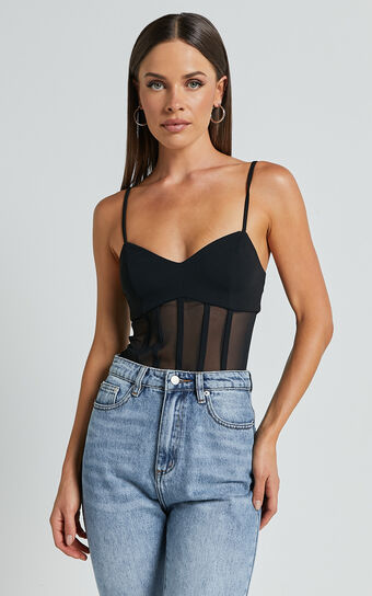 Cheryth Bodysuit - V Neck Strappy Sheer Corset Bodysuit in Black