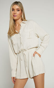 Beau Playsuit - Long Sleeve Collared Playsuit in Biscuit