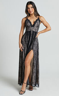 Leni Maxi Dress - Plunge Thigh Split Lace Dress in Black