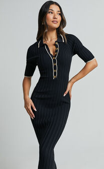 Lada Midi Dress - Short Sleeve Button Front Knit Dress in Black