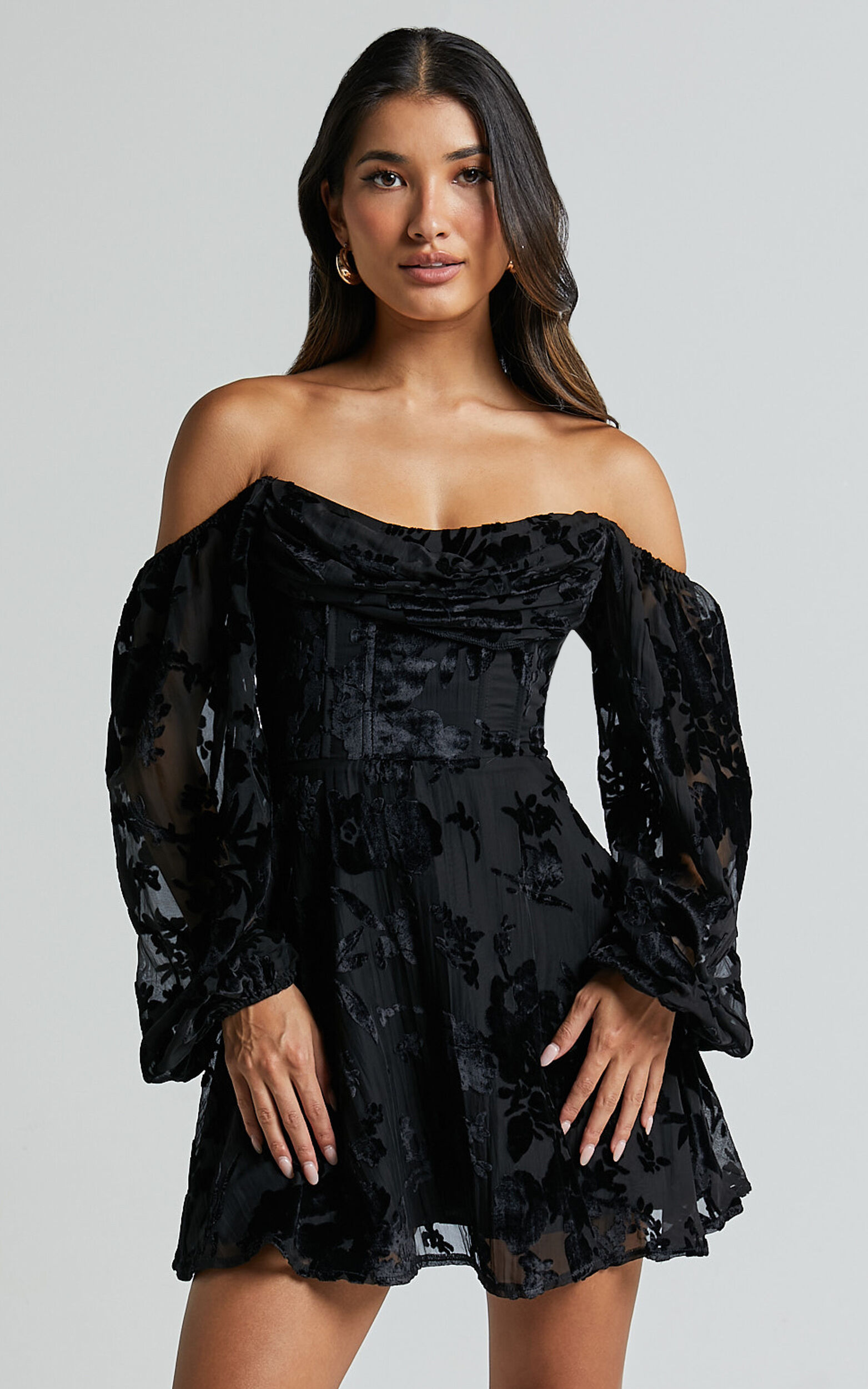 Jessell Mini Dress - Long Sleeve Cowl Corset Dress in Ebony Burnout ...