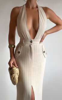 Copellia Midi Dress - Linen Plunge Halter Neck Front Split in Natural