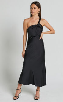 Carmella Midi Dress - One Shoulder Twist Detail Dress in Black
