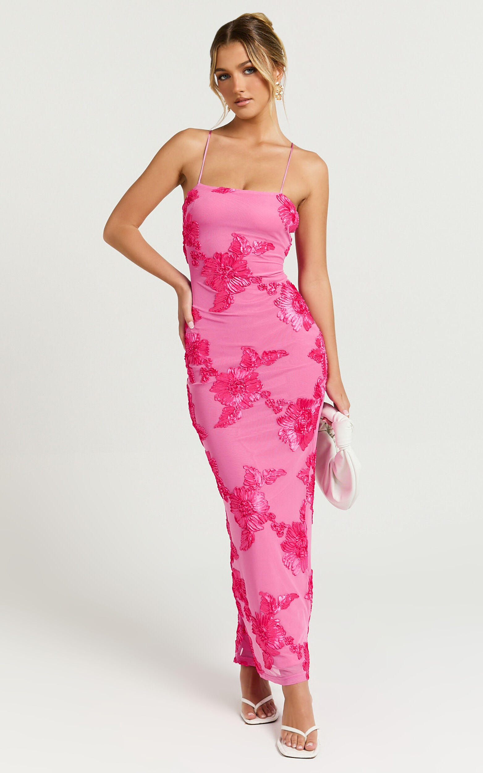 Mina Midi Dress - Embroidered Mesh Dress in Pink - 06, PNK1