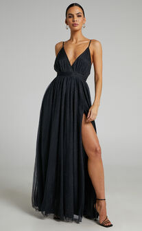 Angelina Midi Dress - Plunge Neck Glitter Neck Dress in Black