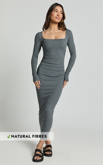 Lucy Midi Dress - Ribbed Side Ruched Bodycon Dress in Charcoal