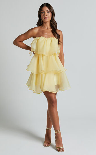 Ritta Mini Dress - Strapless Layered Dress in Yellow No Brand