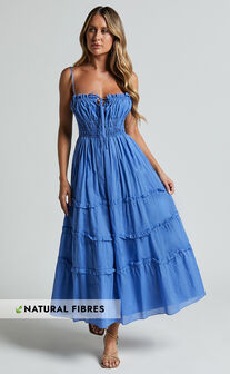 Schiffer Midi Dress - Strappy Ruched Tie Front Tiered Dress in Blue