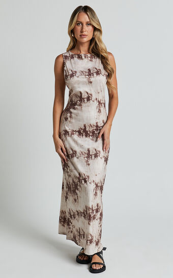 Amayra Midi Dress - High Neck Bodycon Dress in Beige Tie Dye