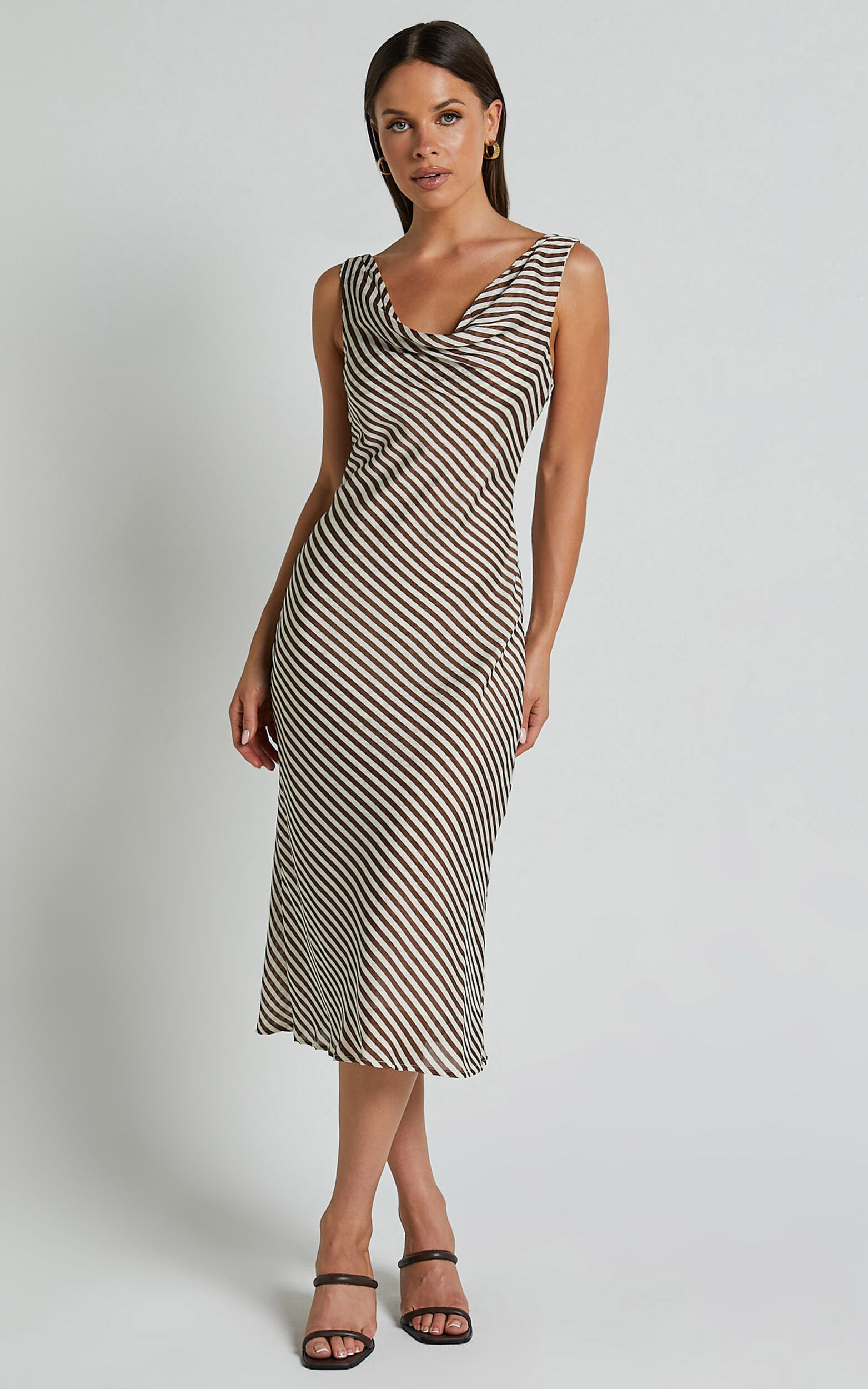 Amelia Midi Dress - Cowl Neck Sleeveless Slip Dress in Chocolate Stripe - 06, BRN1