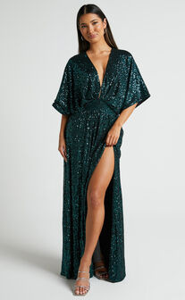 Angieta Maxi Dress - One Shoulder Long Sleeve Slip Dress in Emerald Green