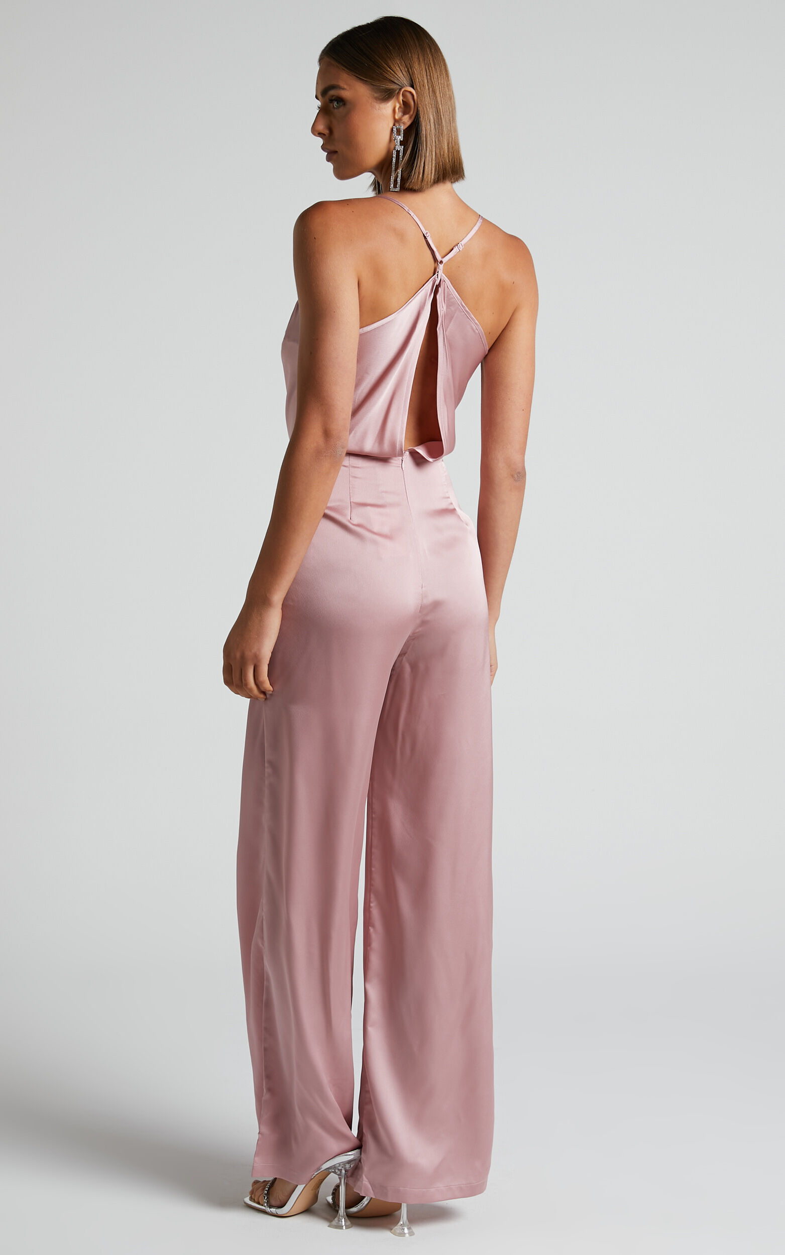 Kylene Jumpsuit Cowl Neck Palazzo Satin Jumpsuit in Pale Pink