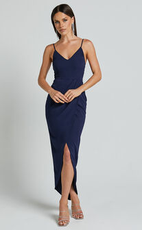 Lucky Day Midi Dress - V Neck Drape Dress in Navy