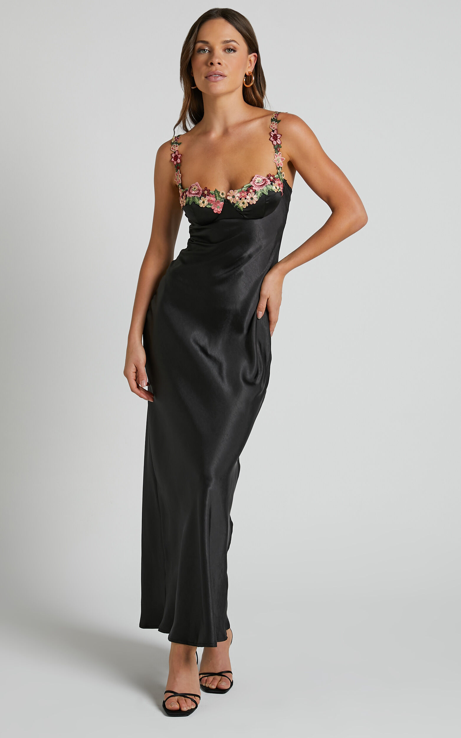 Harmony Midi Dress Floral Detail Cup Bust Satin Dress in Black Showpo USA