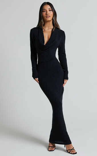 Paisley Midi Dress - Plunge Cowl Neck Long Sleeve Glitter Jersey Dress in Black