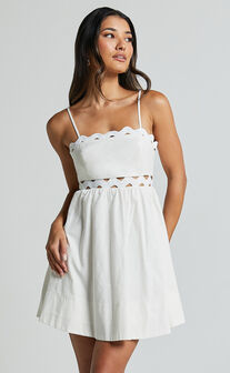 Brylee Mini Dress - Strappy Wave Neck Pleated Dress in White