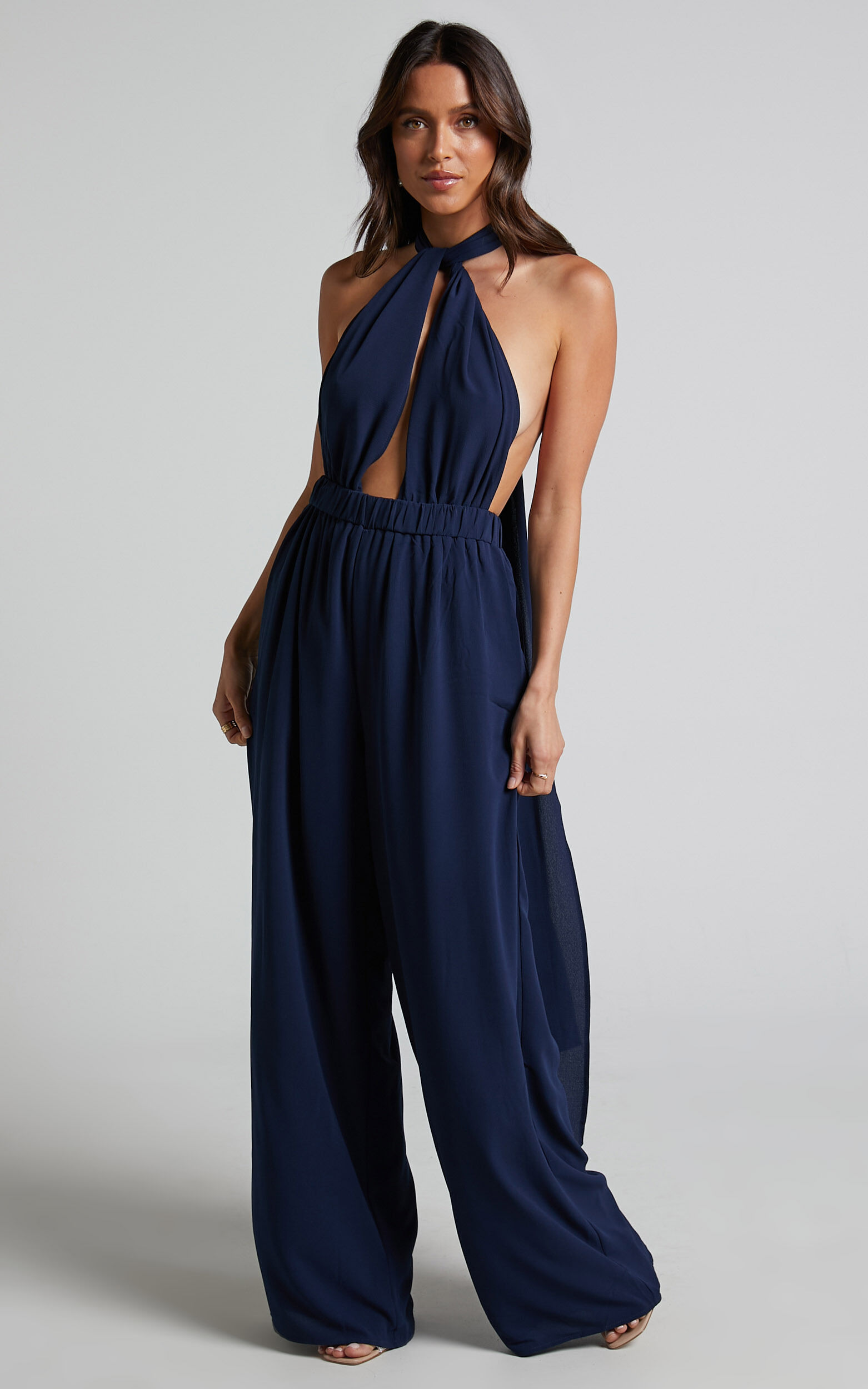 Girls Life Jumpsuit Plunge Cross Back Tie Jumpsuit in Navy