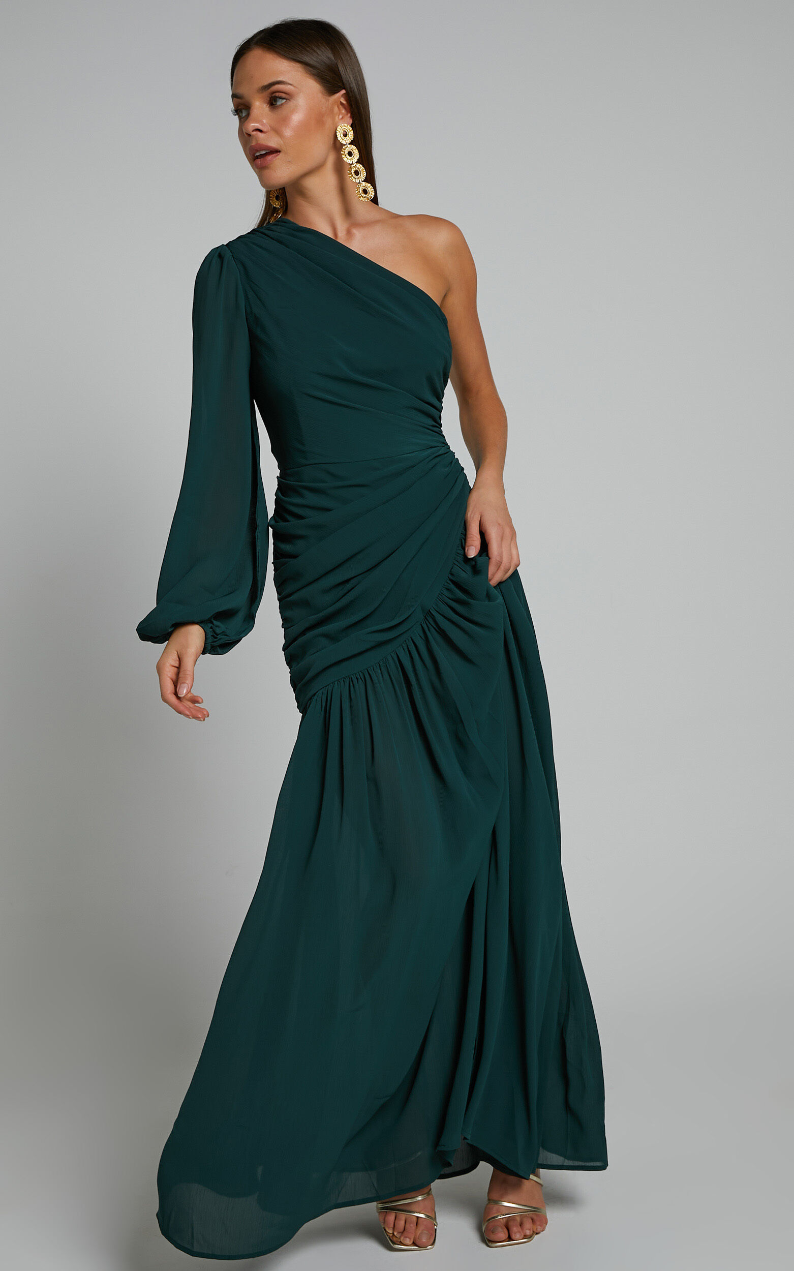 Grittah Midi Dress One Shoulder Bishop Sleeve High Split Ruched Dress in Emerald Showpo