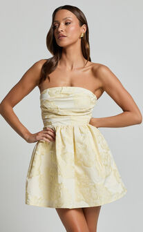 Laure Mini Dress - Strapless Jacquard Dress in Lemon