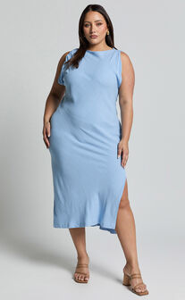 Jessenia Maxi Dress - Linen Look High Neck Dress in Blue