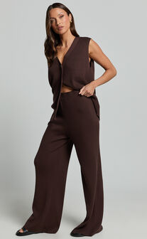 Sasha Top - Knitted Button Through V Neck Sleeveless Top in Chocolate