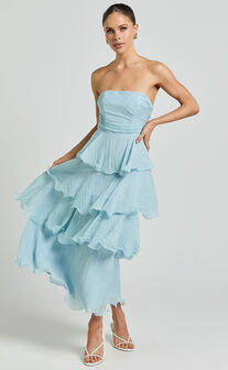 Jaiden Midi Dress - Strappless Layered Dress in Blue