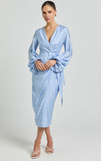 Taylor Midi Dress - Long Sleeve Wrap Dress in Blue