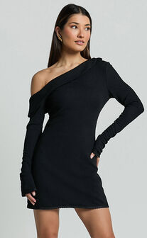 Danielle Mini Dress - Off Shoulder Long Sleeve Fitted Dress in Black