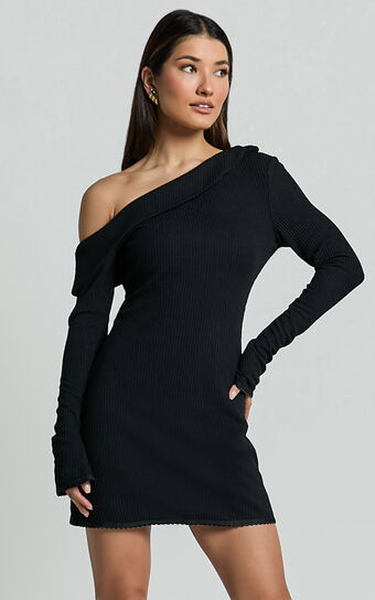 Danielle Mini Dress - Off Shoulder Long Sleeve Fitted Dress in Black