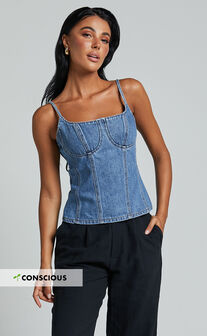 Mckenna Top - Strappy Bustier Denim Top in Mid Blue Wash