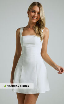 Adiana Mini Dress - Linen Square Neck Shirred Back A Line Dress in Off White