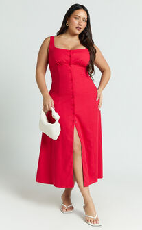Cameron Midi Dress - Button Front Tie Back Dress in Red