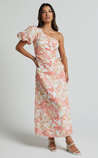 Amisha Midi Dress - One Shoulder Puff Sleeve Side Cut Out Dress in Floral Print