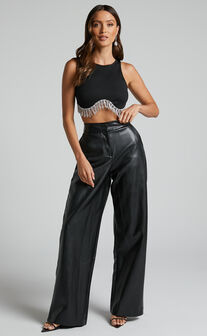 Minx - High Waisted Faux Leather Wide Leg Trousers in Black
