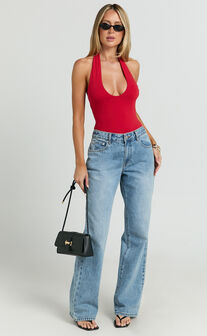 Suzanna Bodysuit - V Neck Halter Bodysuit in Red