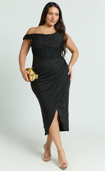 Aidia Midi Dress - One Shoulder Draped Corset Dress in Black