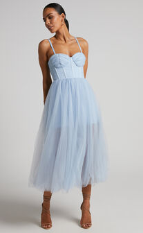 Aisha Midi Dress - Bustier Bodice Tulle Dress in Ice Blue