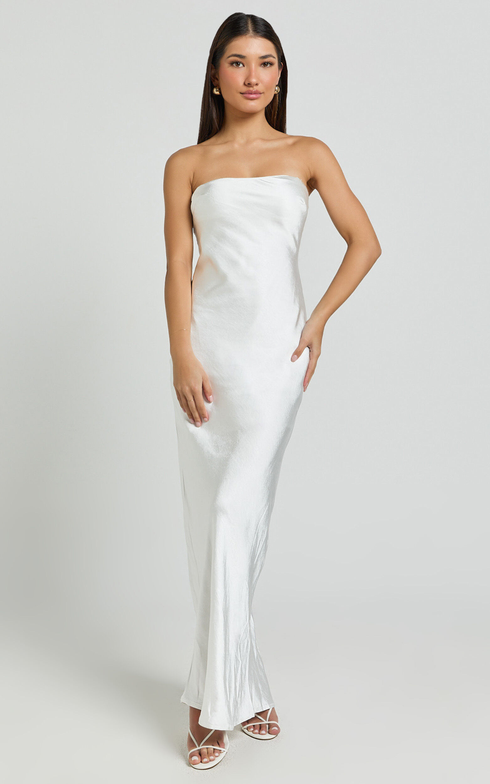 Beth Midi Dress Pearl Detail Strap Straight Neck Slip Dress in White Showpo