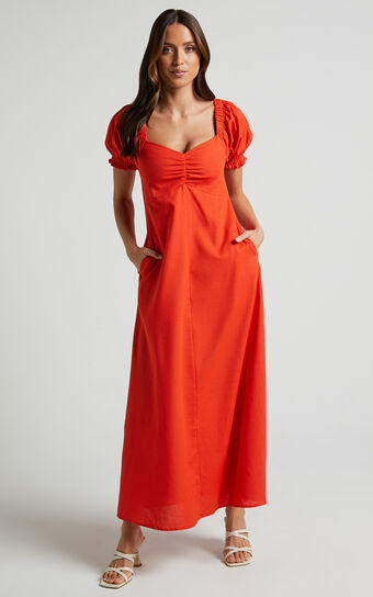 Montana Midi Dress - Ruched Front Dress in Red Orange