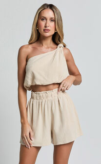 Raylene Two Piece Set - Linen Knotted One Shoulder Top and Paper Bag Waist Shorts in Natural